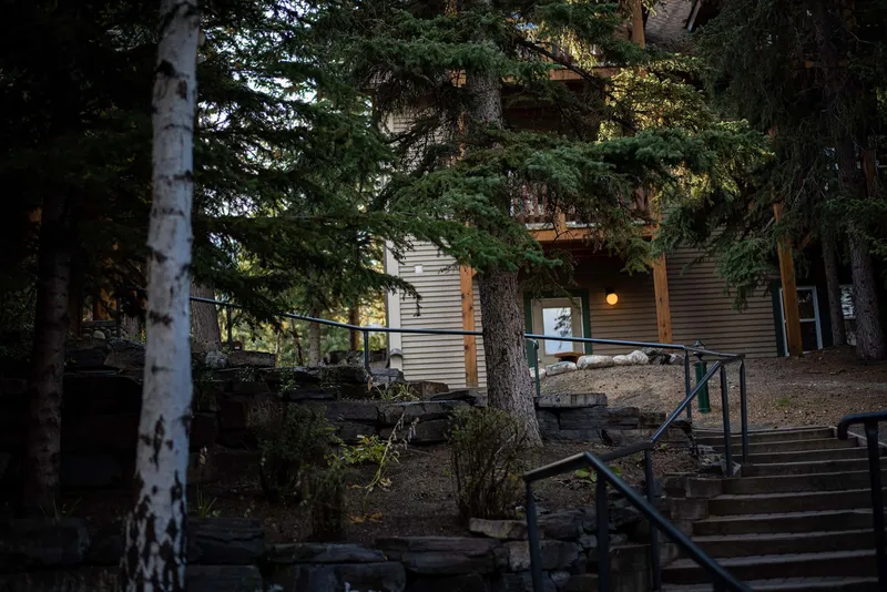 Wooden lodge building with metal railings and stairs nestled among tall conifer trees at dusk.
