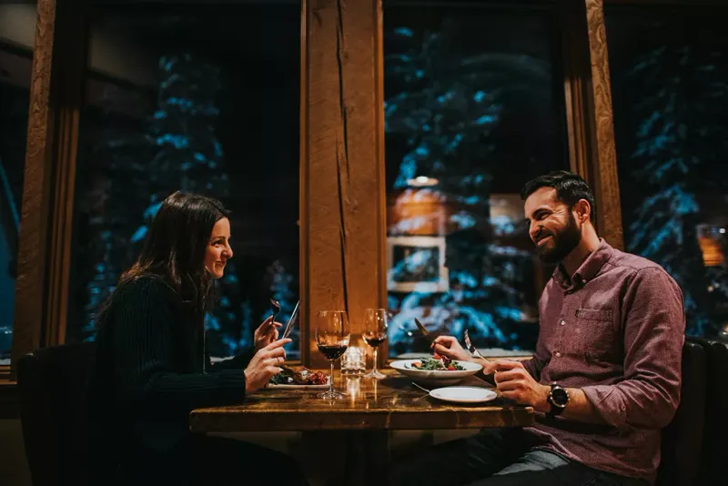 Lakeside view of Emerald Lake Lodge cabins