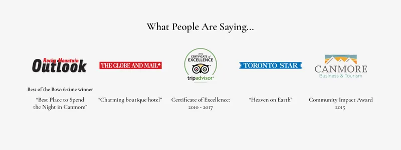 Paintbox Lodge testimonials graphic displaying awards from Rocky Mountain Outlook, Globe and Mail, TripAdvisor, Toronto Star, and Canmore.