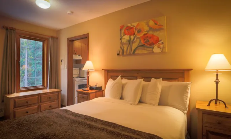 Paradise Lodge bedroom with wood furnishings, large window overlooking forest, and warm amber lighting.